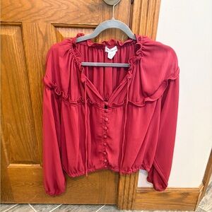 Women's Maroon Ruffled Blouse L Romantic Boho Prairie Fairycore Flowy